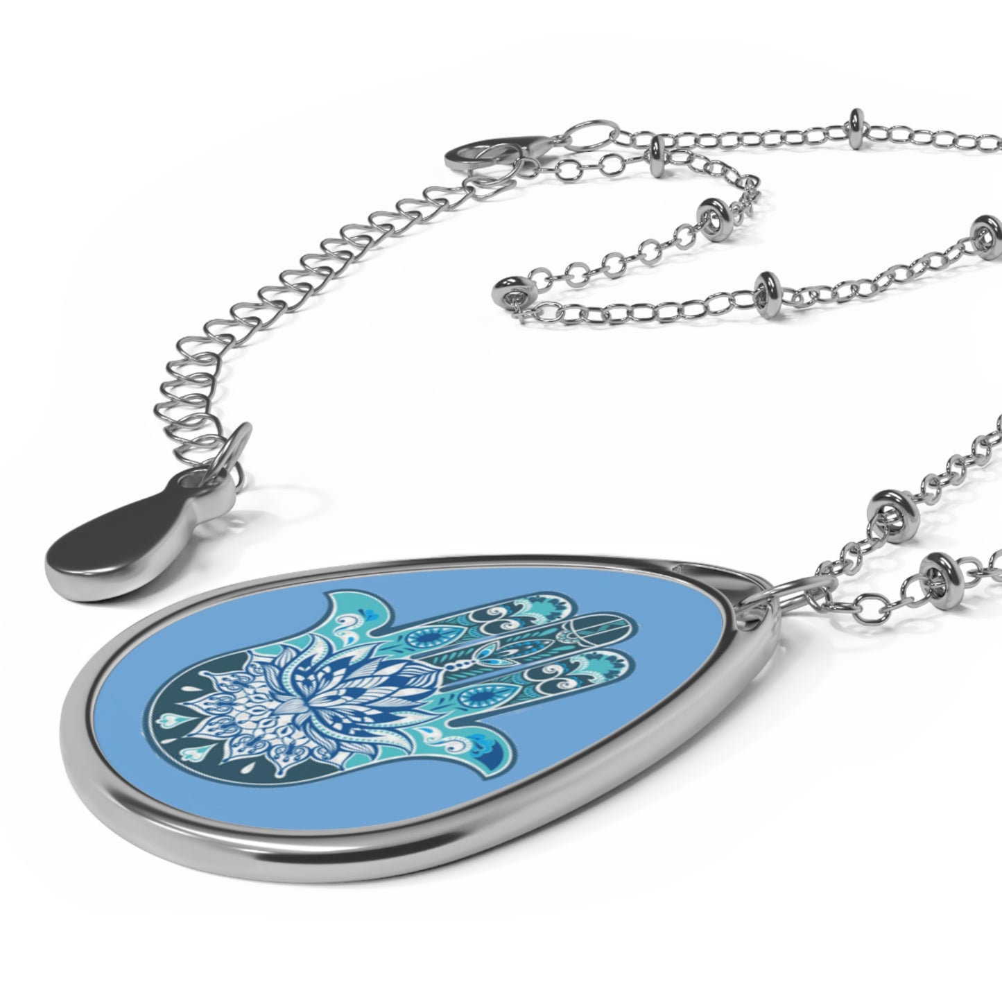 Hamsa - Chamsa - Lotus - Light Blue Oval Necklace