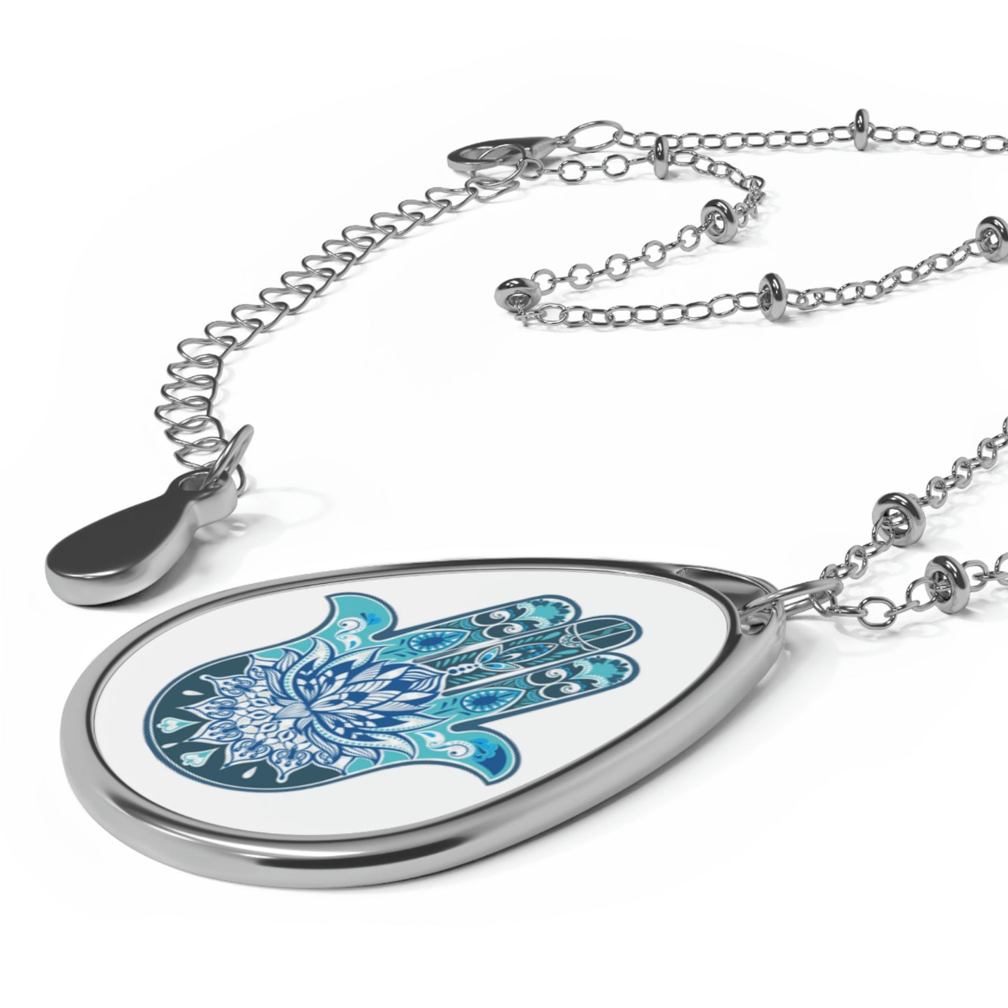 Hamsa - Chamsa - Lotus - White Oval Necklace