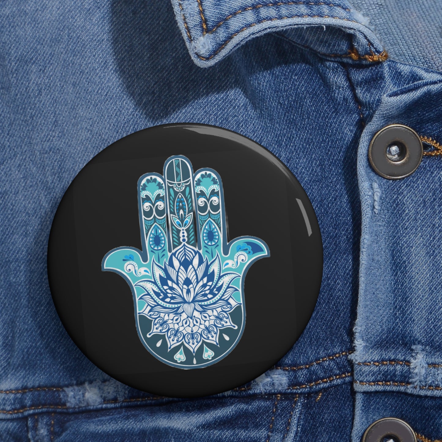 Hamsa - Chamsa - Lotus - Black Pin Button