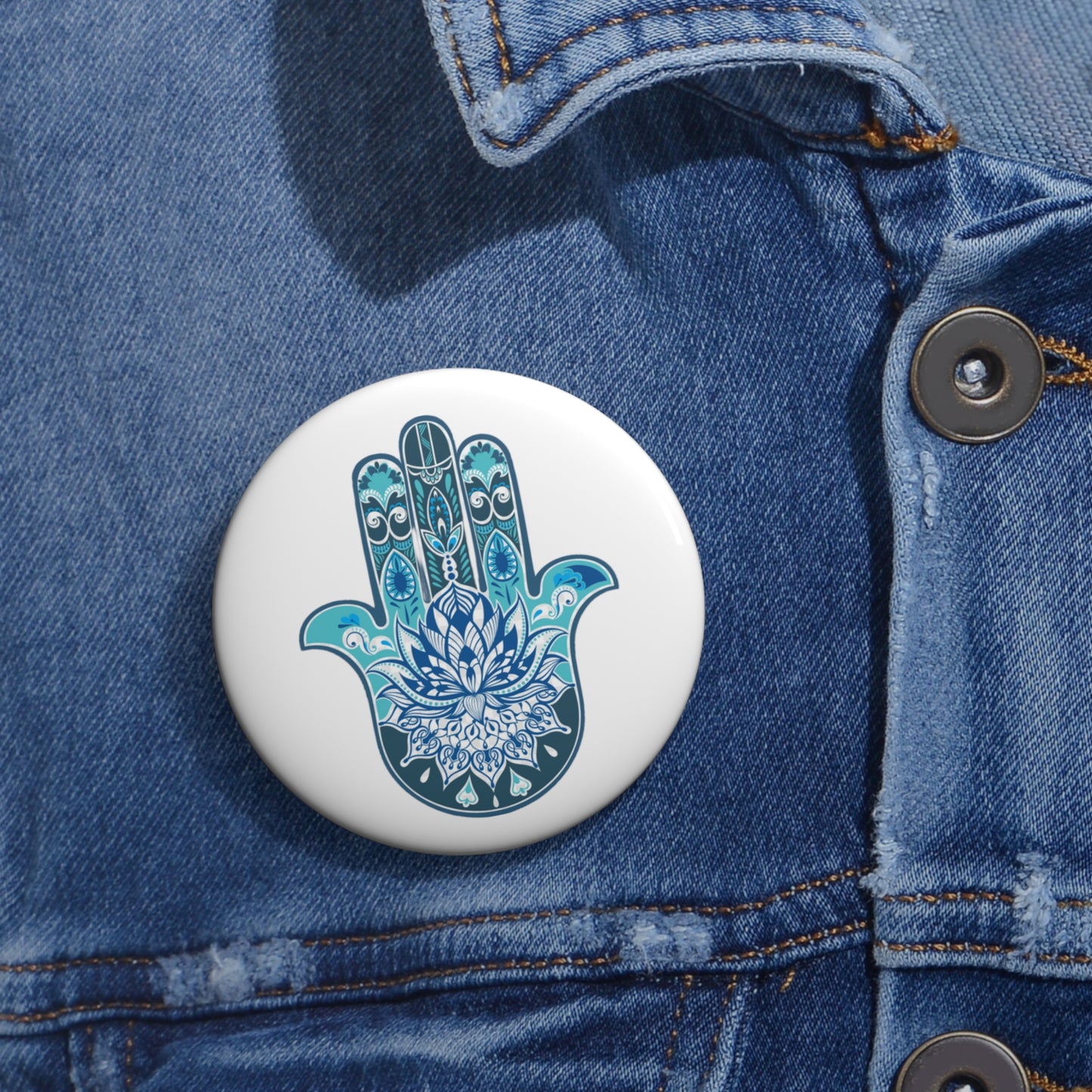 Hamsa - Chamsa - Lotus - White Pin Button