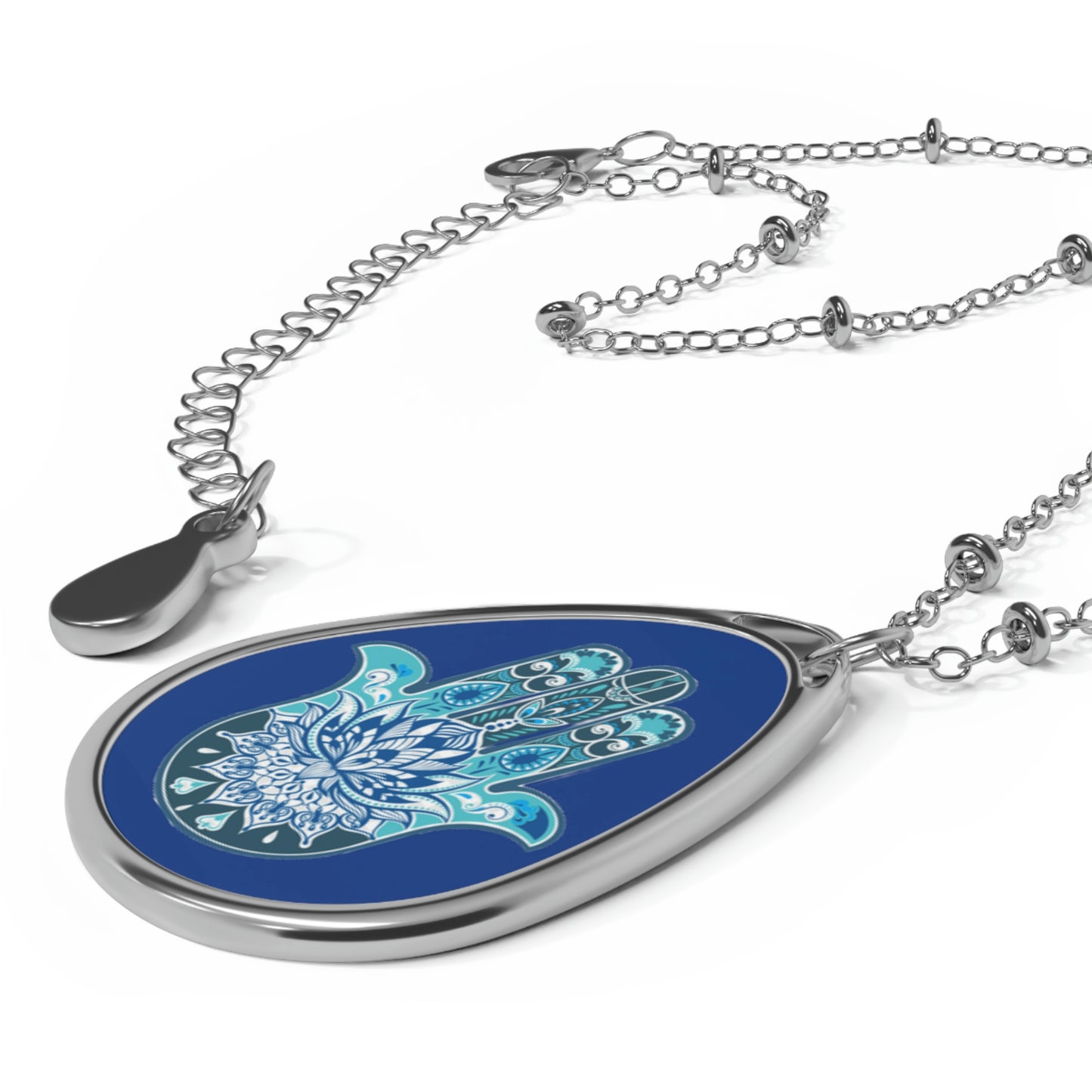 Hamsa - Chamsa - Lotus - Dark Blue Oval Necklace