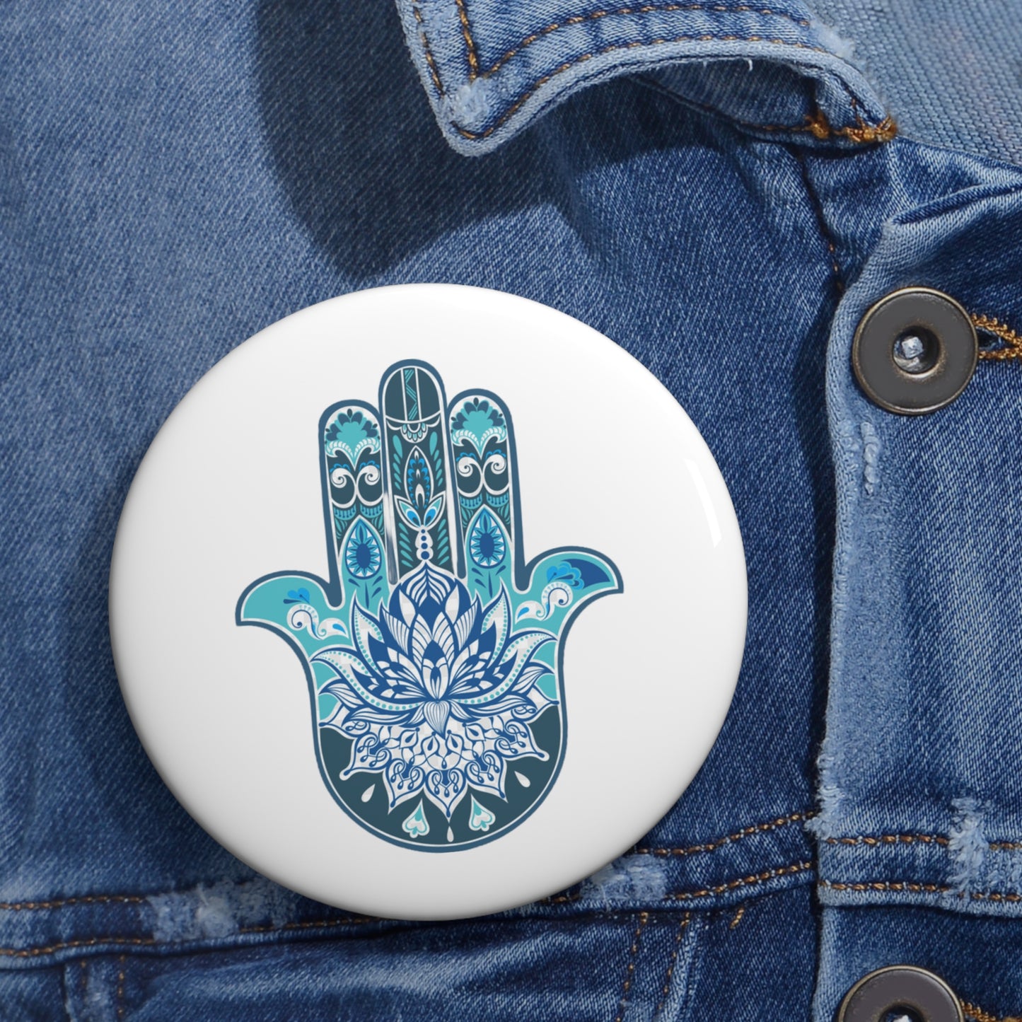 Hamsa - Chamsa - Lotus - White Pin Button