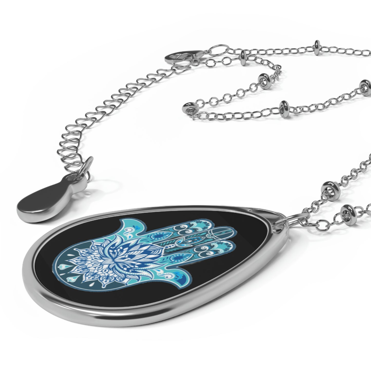 Hamsa - Chamsa - Lotus - Black Oval Necklace