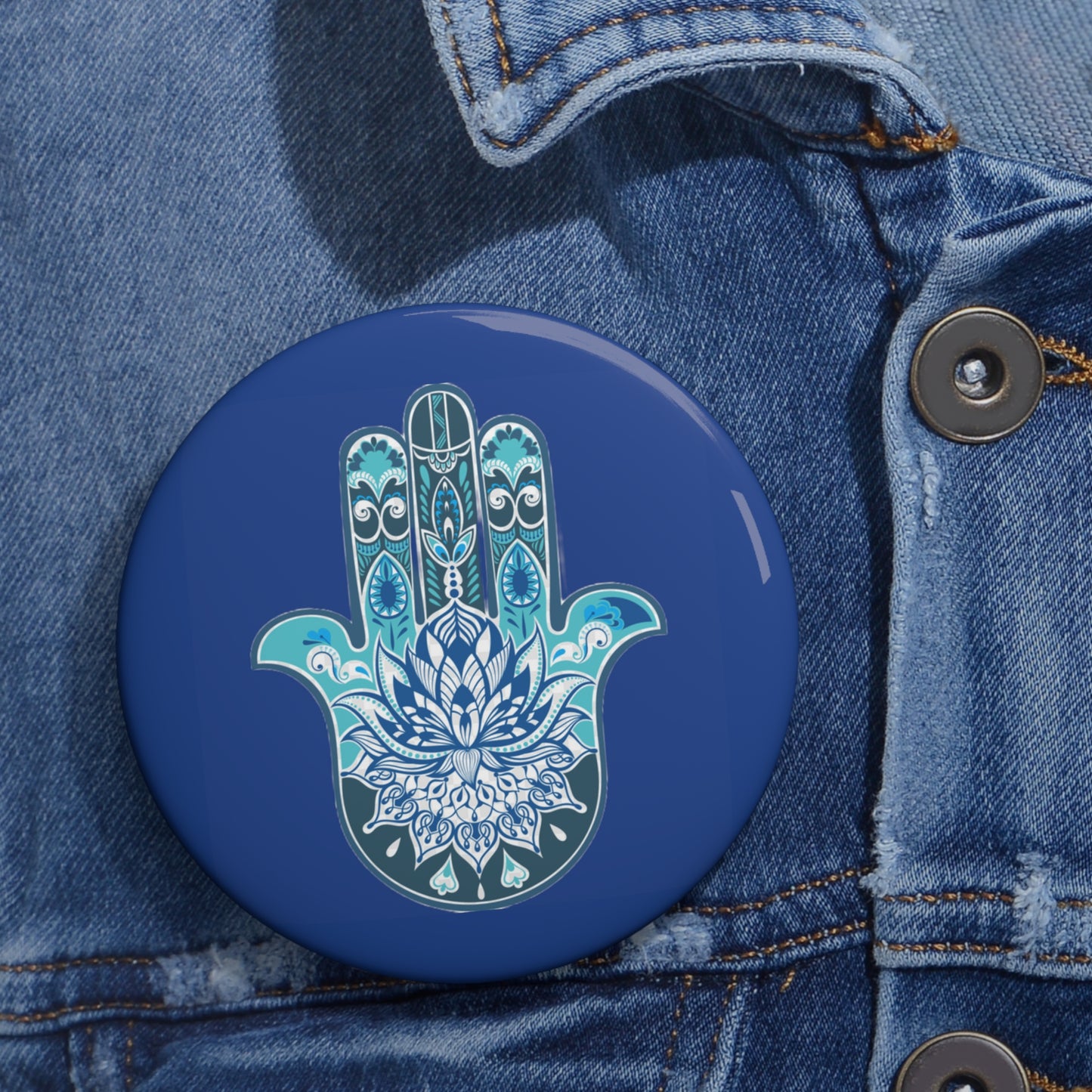 Hamsa - Chamsa - Lotus - Dark Blue Pin Button