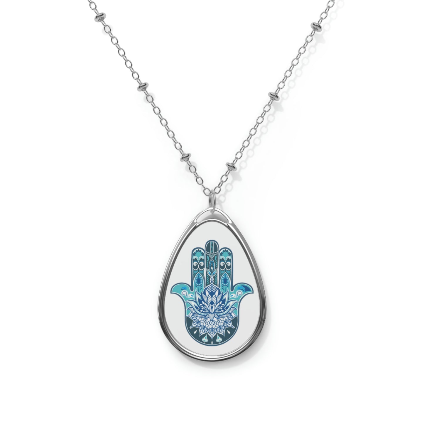 Hamsa - Chamsa - Lotus - White Oval Necklace