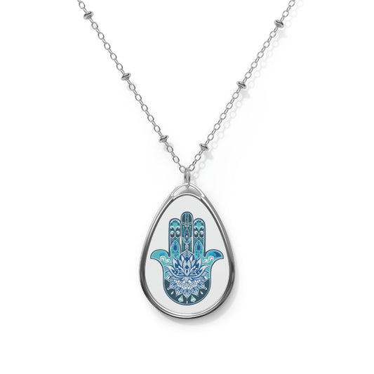 Hamsa - Chamsa - Lotus - White Oval Necklace