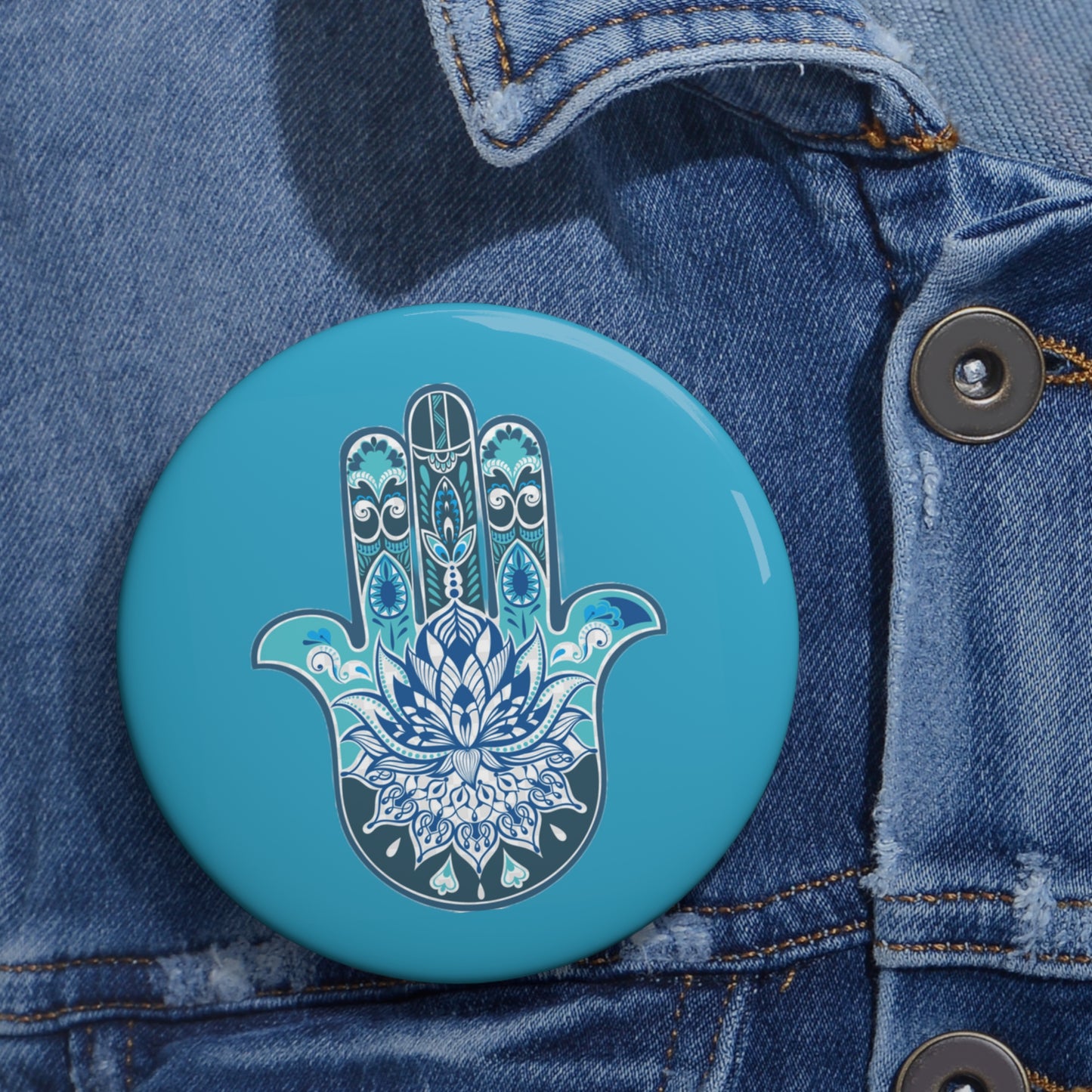 Hamsa - Chamsa - Lotus - Turquoise Pin Button