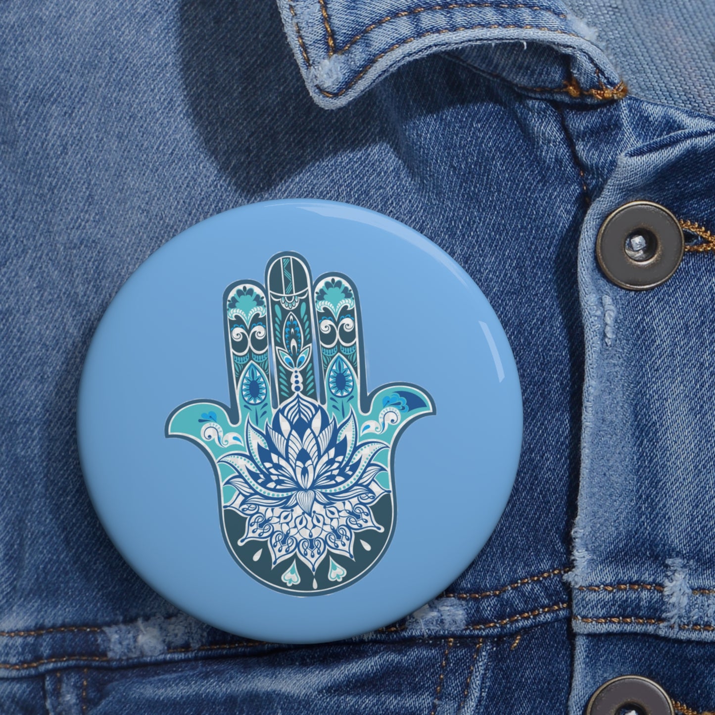 Hamsa - Chamsa - Lotus - Light Blue Pin Button