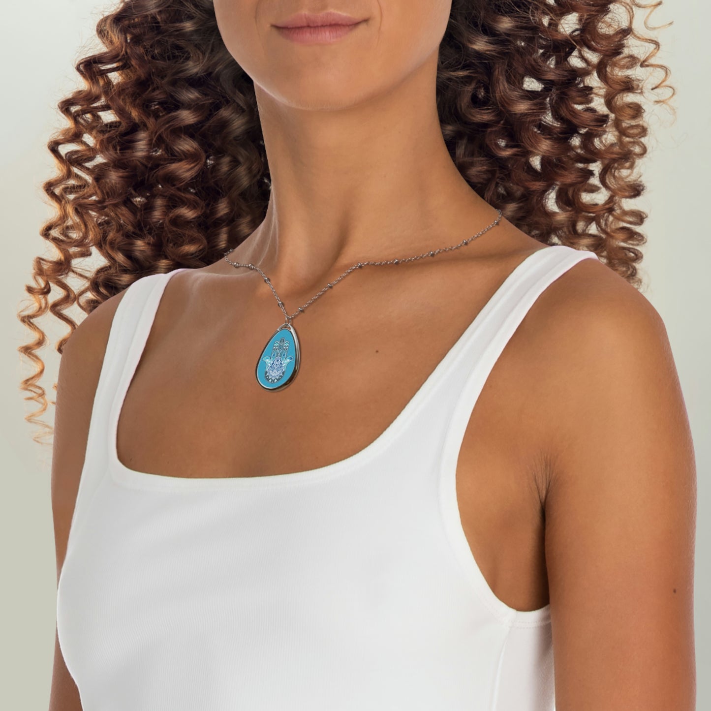 Hamsa - Chamsa - Lotus - Turquoise Oval Necklace