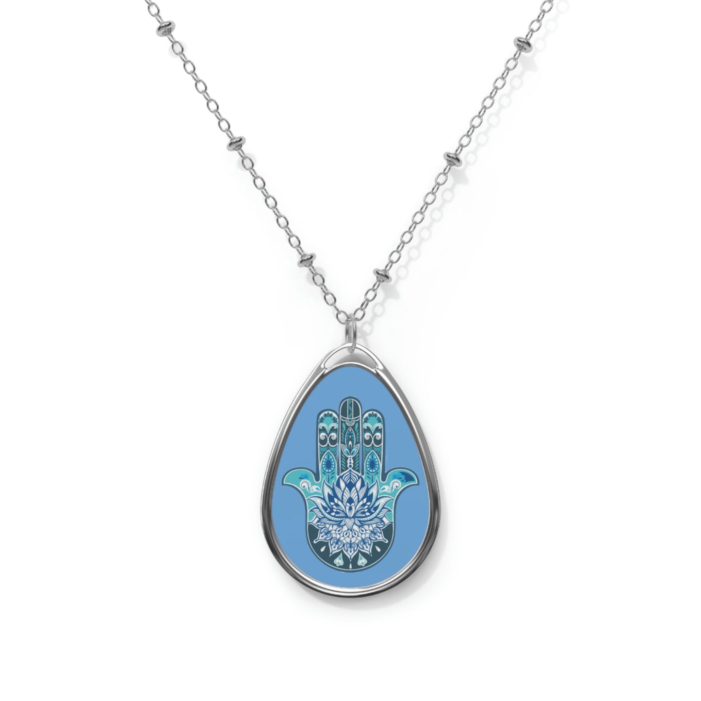 Hamsa - Chamsa - Lotus - Light Blue Oval Necklace