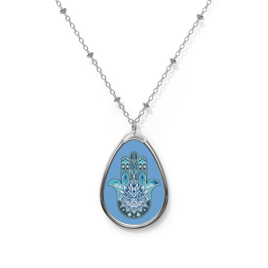 Hamsa - Chamsa - Lotus - Light Blue Oval Necklace