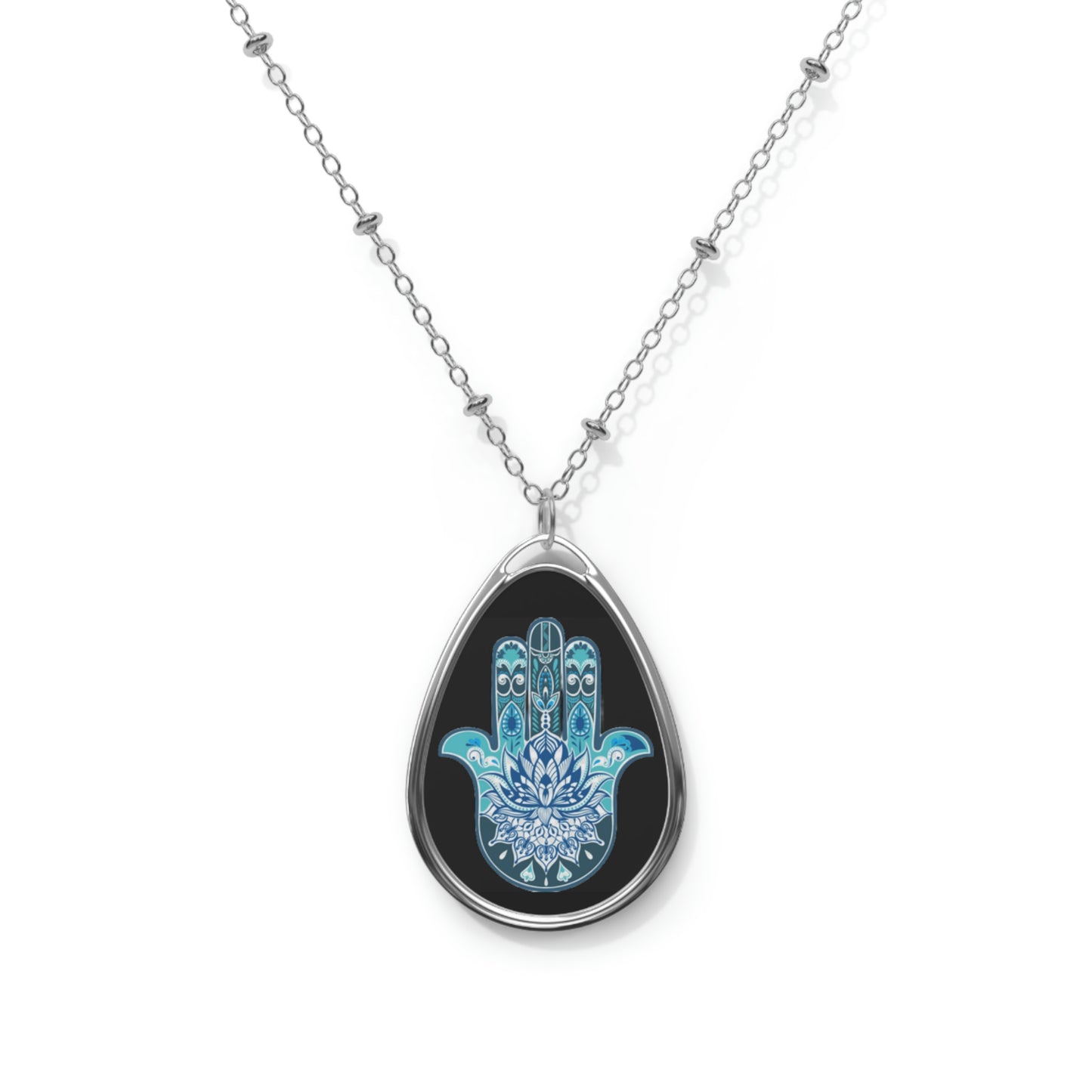 Hamsa - Chamsa - Lotus - Black Oval Necklace