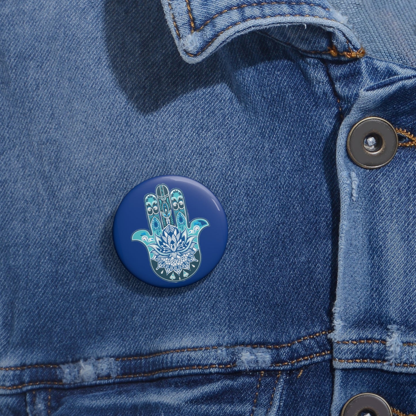 Hamsa - Chamsa - Lotus - Dark Blue Pin Button