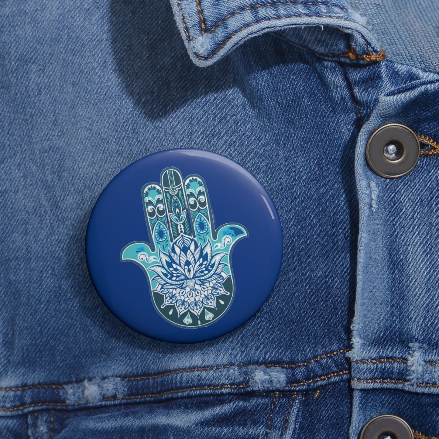 Hamsa - Chamsa - Lotus - Dark Blue Pin Button