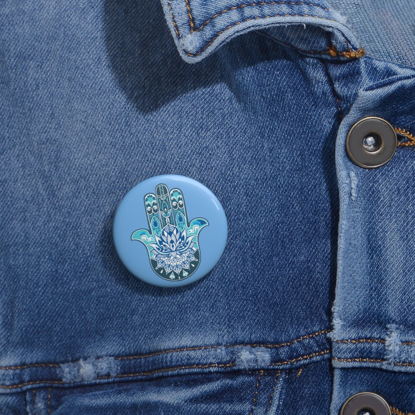 Hamsa - Chamsa - Lotus - Light Blue Pin Button