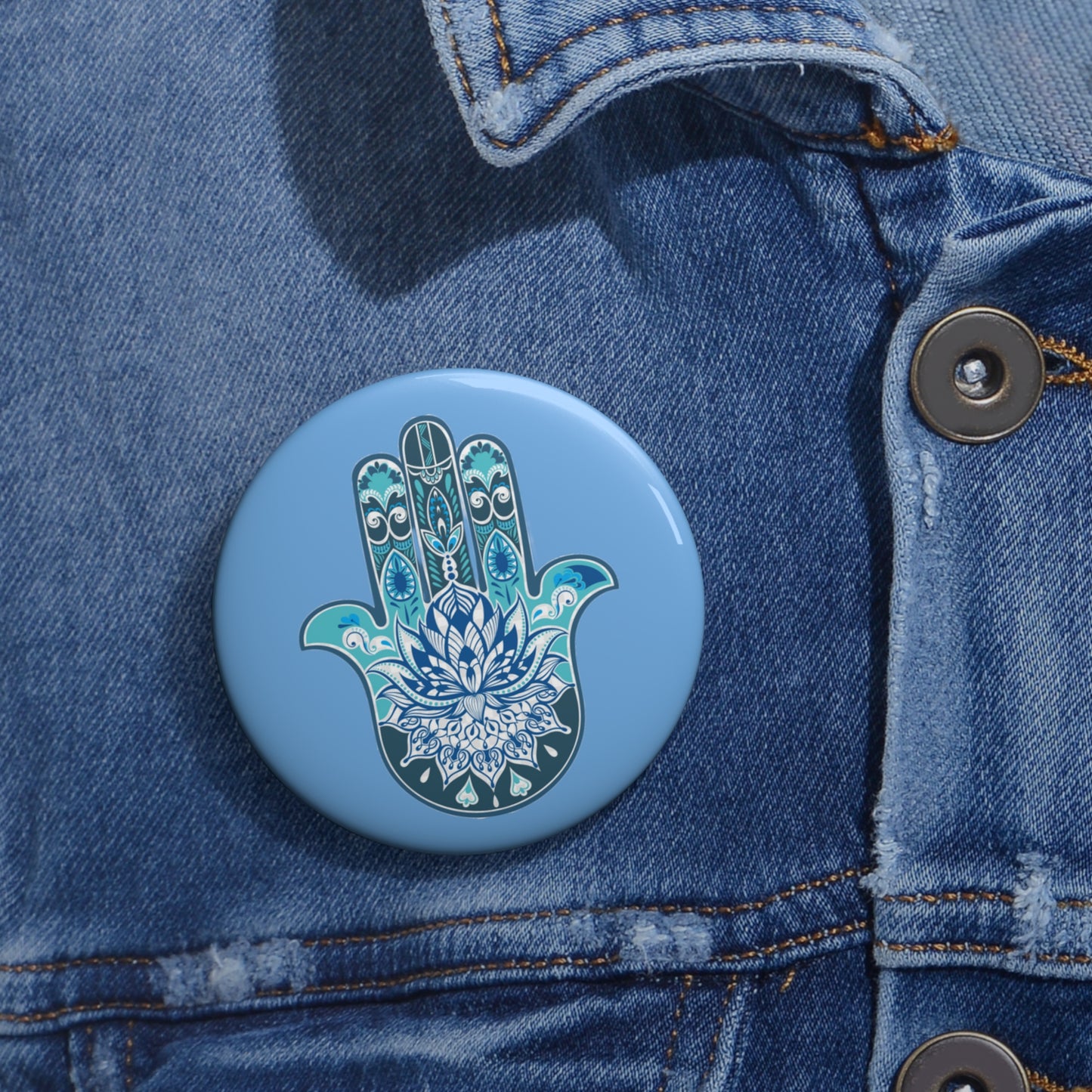 Hamsa - Chamsa - Lotus - Light Blue Pin Button