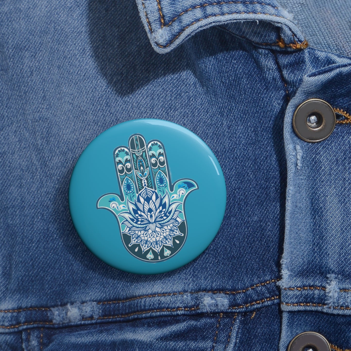 Hamsa - Chamsa - Lotus - Turquoise Pin Button