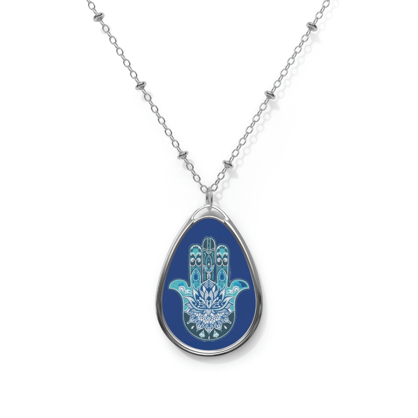 Hamsa - Chamsa - Lotus - Dark Blue Oval Necklace