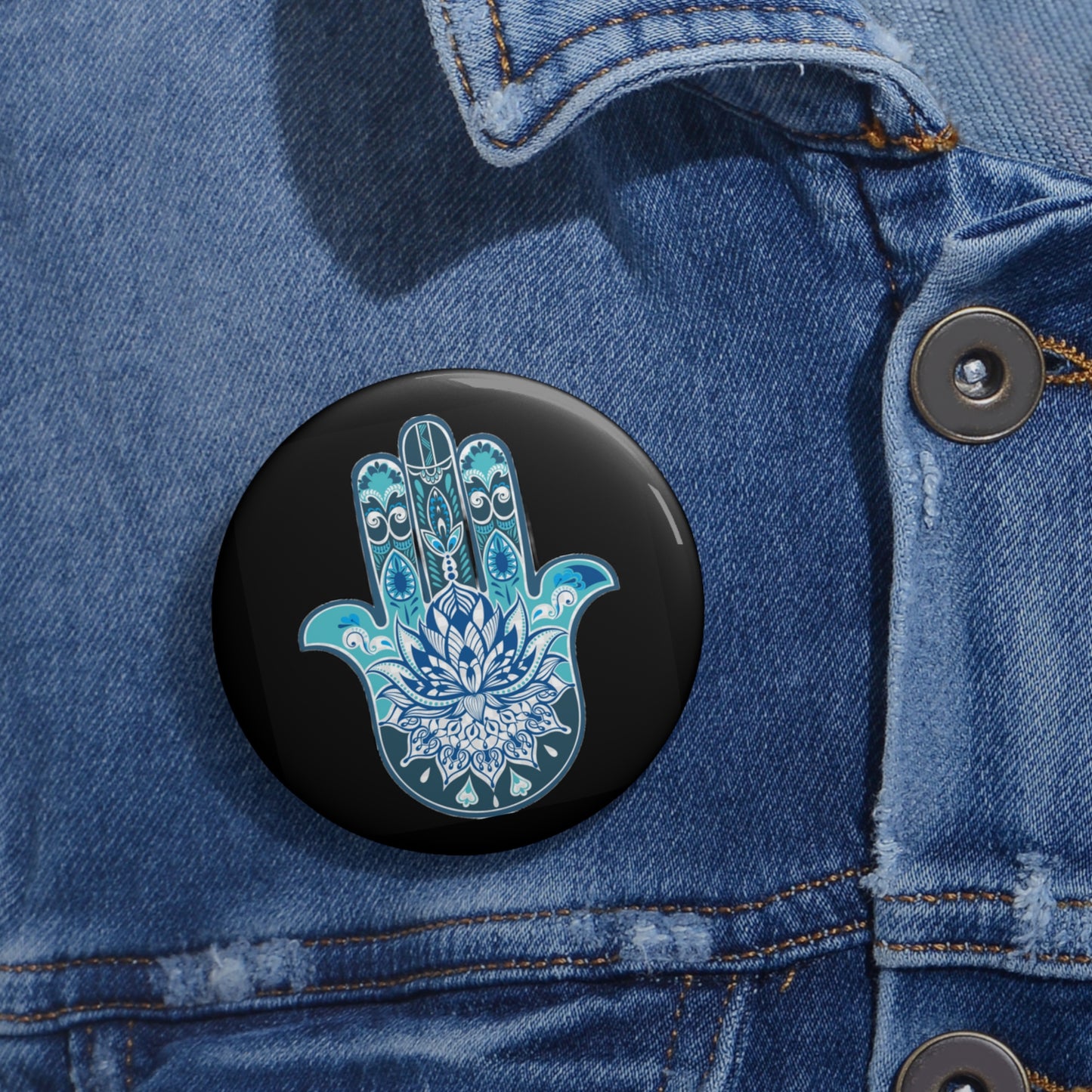 Hamsa - Chamsa - Lotus - Black Pin Button